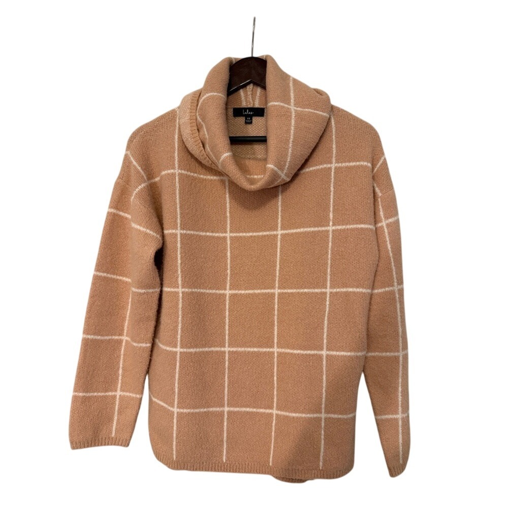 Lulus Windowpane Check‎ Cowl Neck Sweater Pink White Size XS